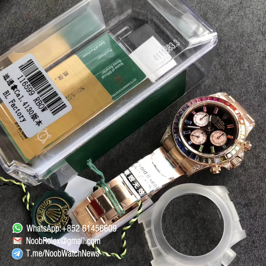 Fake Rolexes Daytona 116595RBOW Full Rose Gold Rainbow Crystal Bezel Black Dial Stick Diamond Markers A4130 BLF Super Clone Rolex 09