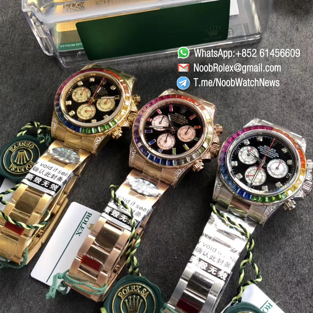 Fake Rolexes Daytona 116595RBOW Full Rose Gold Rainbow Crystal Bezel Black Dial Stick Diamond Markers A4130 BLF Super Clone Rolex 10