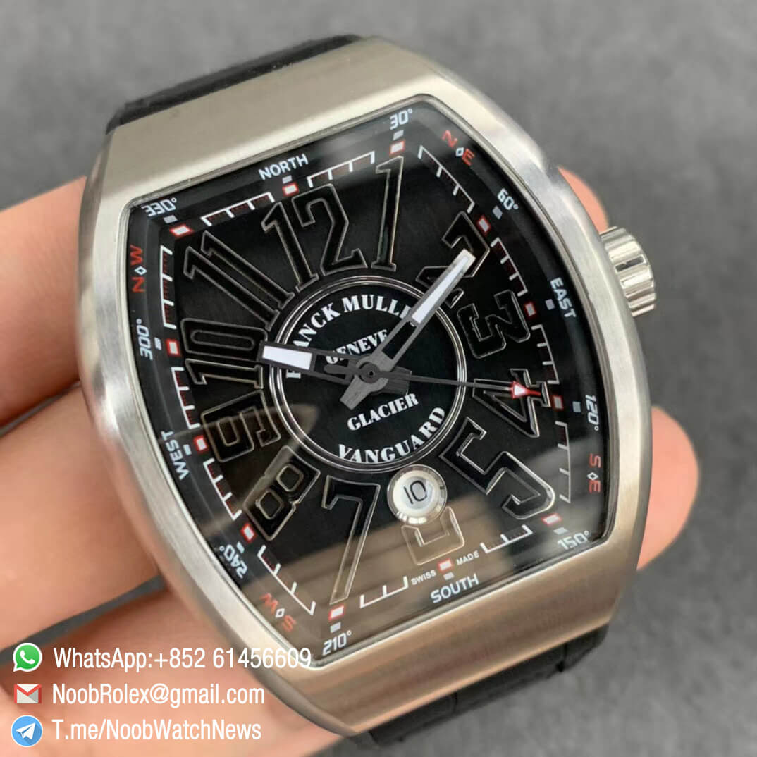 Franck Muller Vanguard V45 SC DT Steel Case Black Dial with luminous Markers Black Leather Strap A2824 Movement ABF Top Quality Replica Watch 02