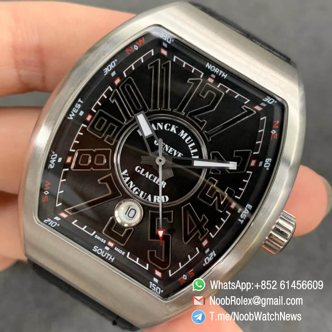 Franck Muller Vanguard V45 SC DT Steel Case Black Dial with luminous Markers Black Leather Strap A2824 Movement ABF Top Quality Replica Watch 03