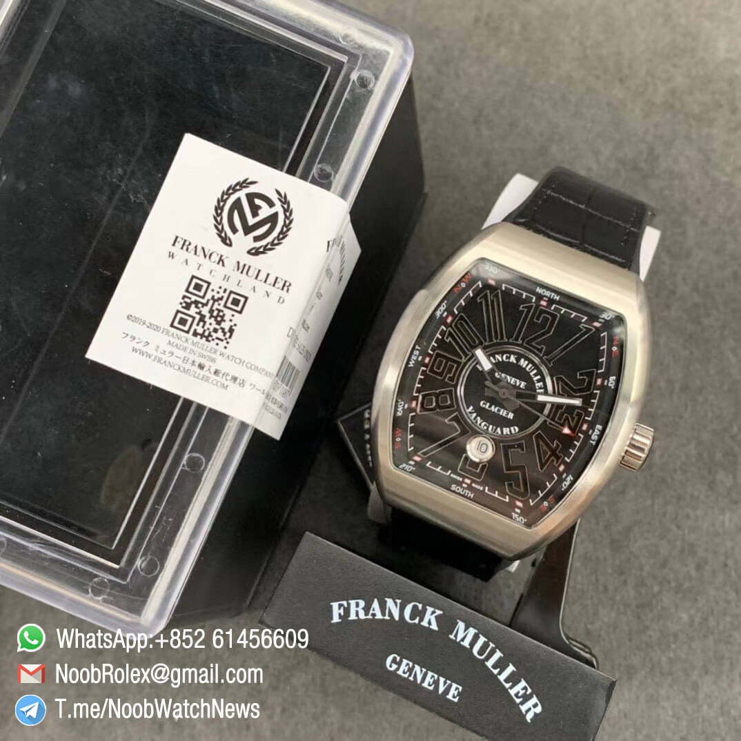 Franck Muller Vanguard V45 SC DT Steel Case Black Dial with luminous Markers Black Leather Strap A2824 Movement ABF Top Quality Replica Watch 09