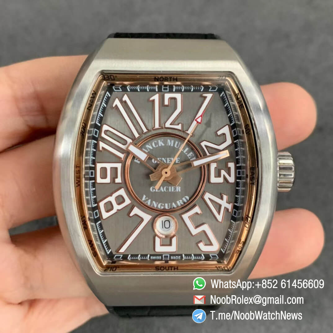 Franck Muller Vanguard V45 SC DT Steel Case Grey Dial with luminous Markers Black Leather Strap A2824 Movement ABF Top Quality Replica Watch 01