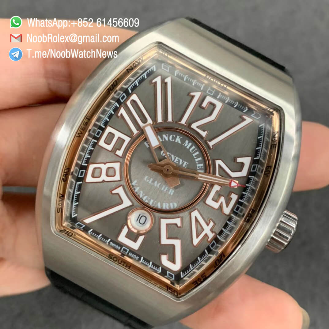 Franck Muller Vanguard V45 SC DT Steel Case Grey Dial with luminous Markers Black Leather Strap A2824 Movement ABF Top Quality Replica Watch 03