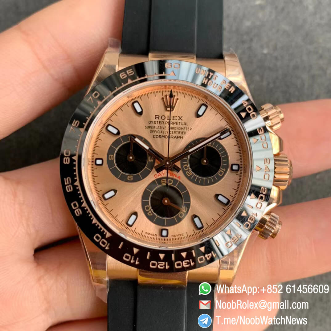 Noob Watch Rolexes Daytona 116515 Rose Gold Case Rose Gold Dial with Black Sub Dial on Black Rubber Strap SA4130 V3 01