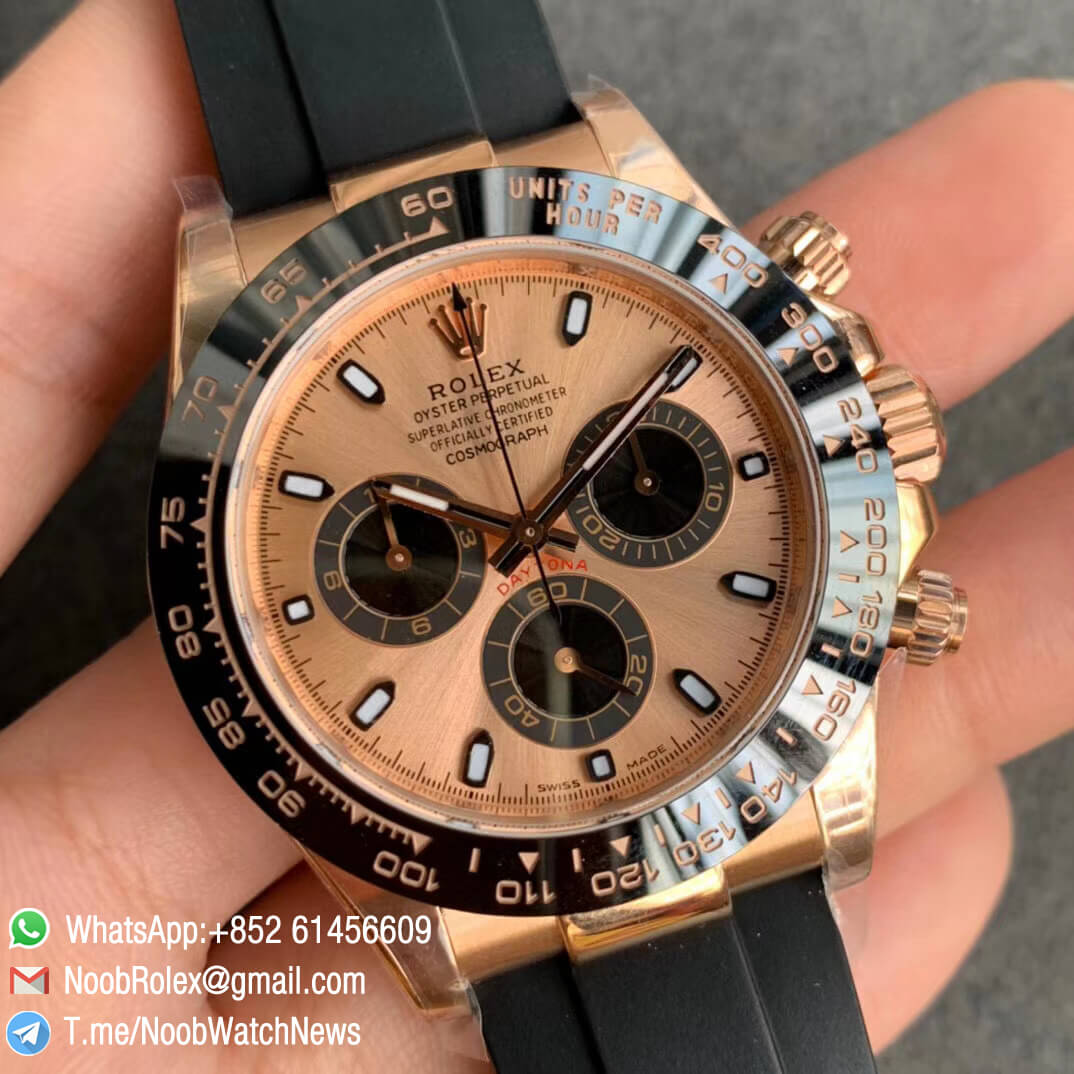 Noob Watch Rolexes Daytona 116515 Rose Gold Case Rose Gold Dial with Black Sub Dial on Black Rubber Strap SA4130 V3 02