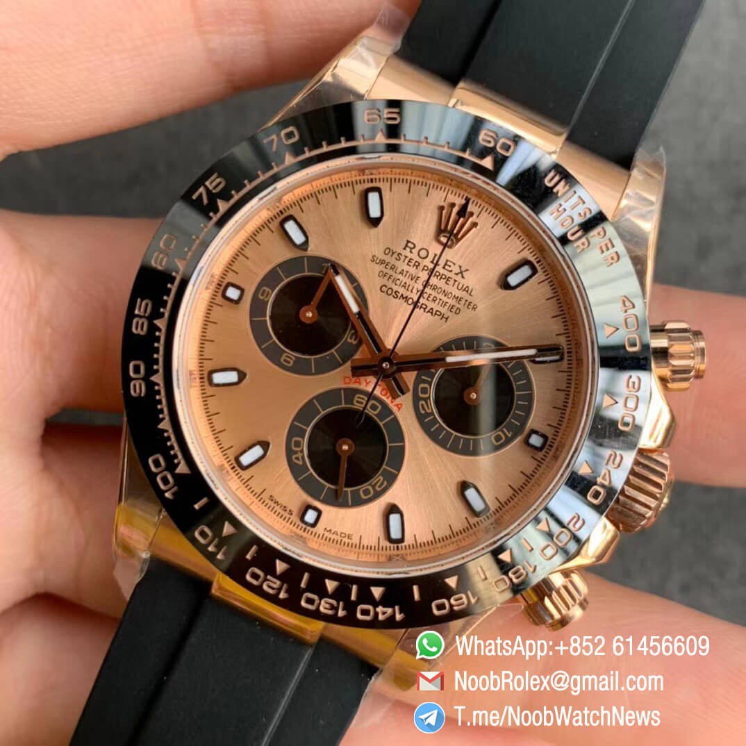 Noob Watch Rolexes Daytona 116515 Rose Gold Case Rose Gold Dial with Black Sub Dial on Black Rubber Strap SA4130 V3 03