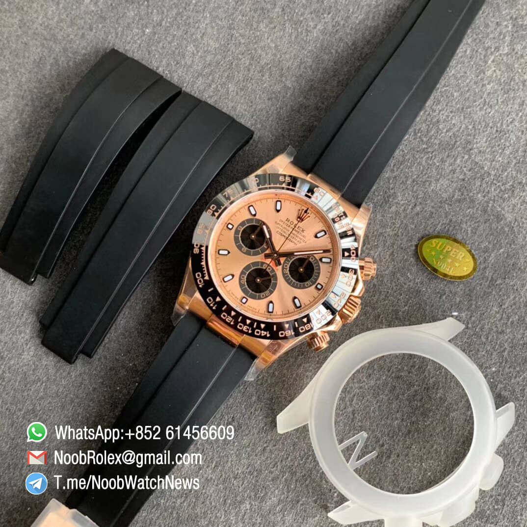 Noob Watch Rolexes Daytona 116515 Rose Gold Case Rose Gold Dial with Black Sub Dial on Black Rubber Strap SA4130 V3 09
