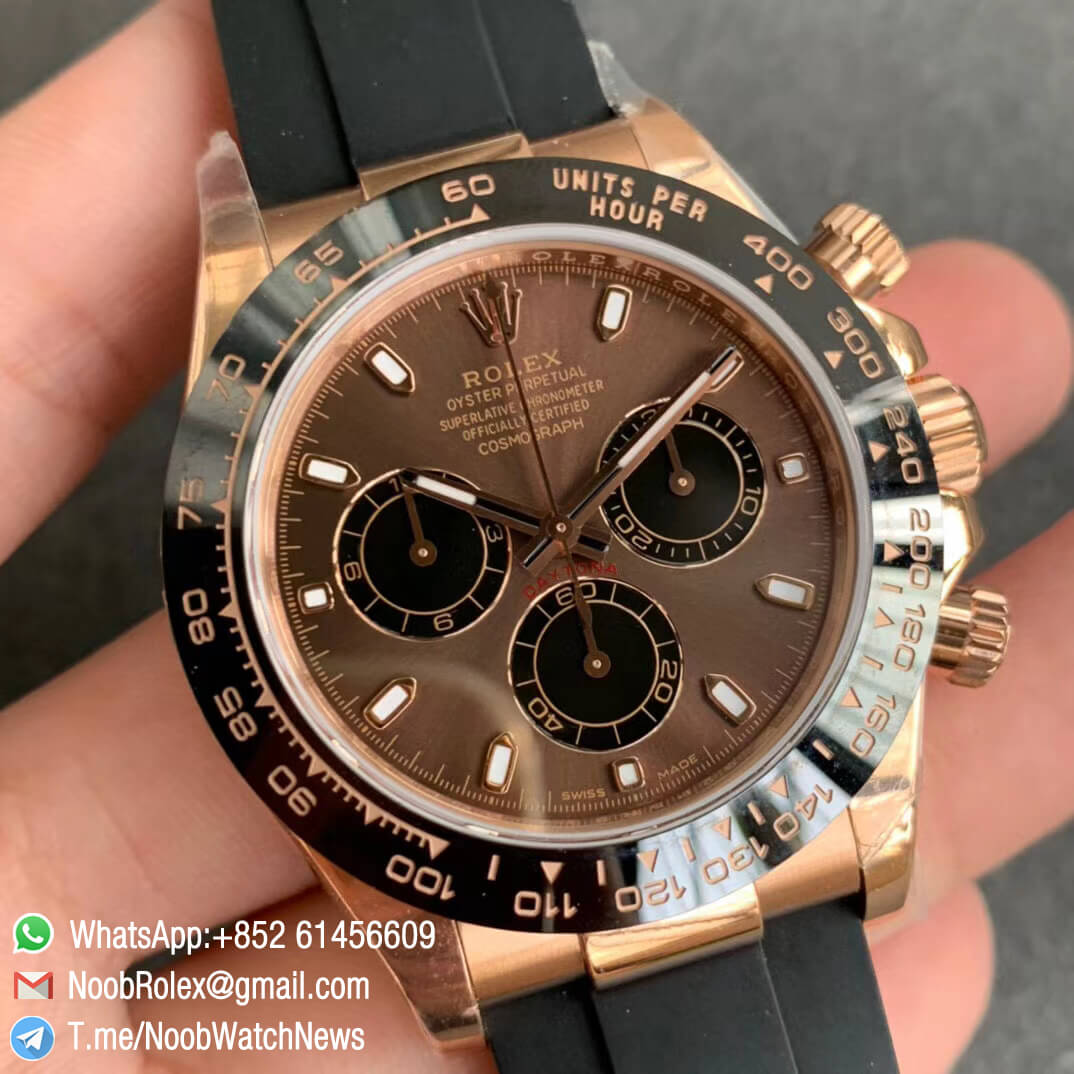 Noob Watches Rolex Daytona 116515 Chocolate Dial Black Sub DialLume Markers on Black Rubber Strap SA4130 V3 02