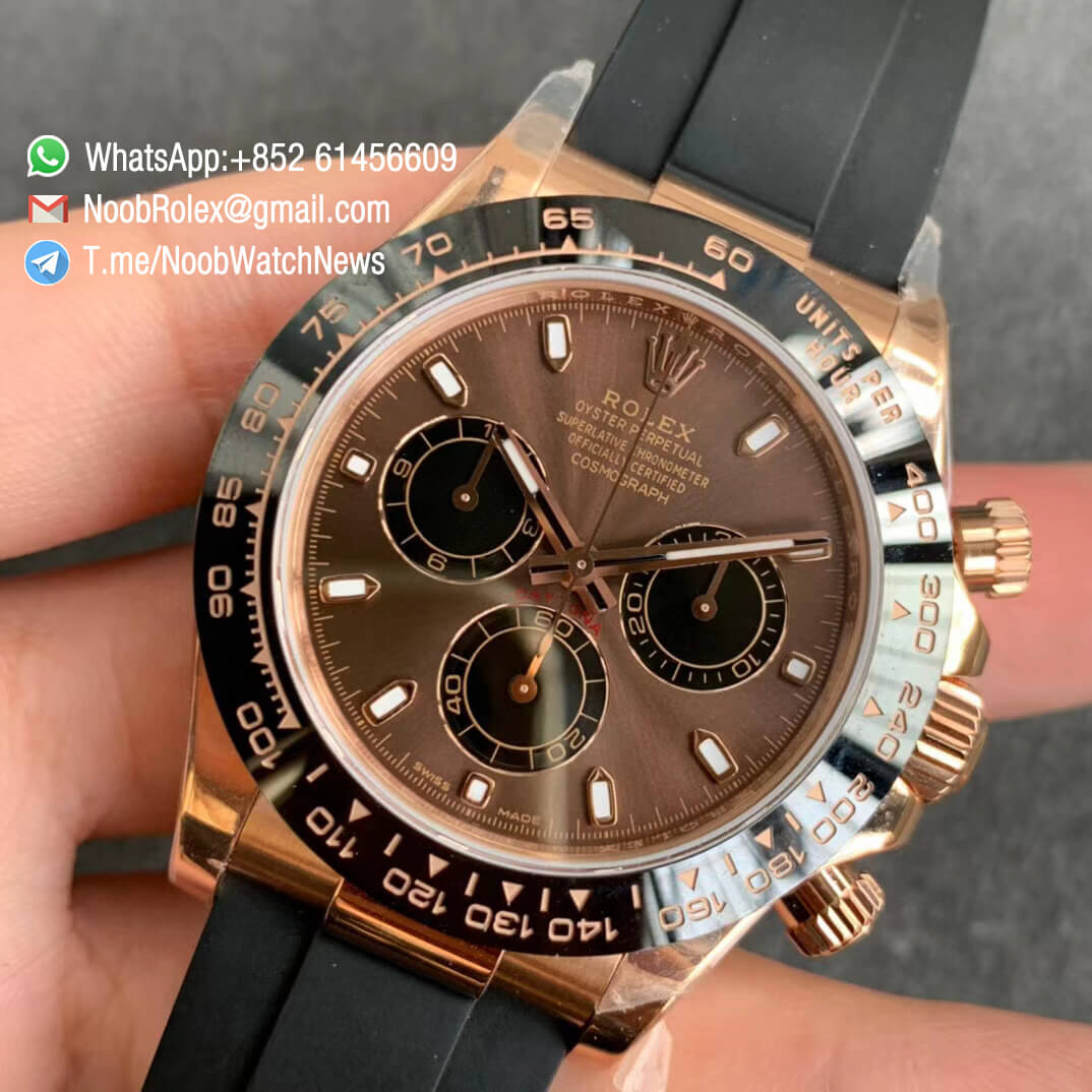 Noob Watches Rolex Daytona 116515 Chocolate Dial Black Sub DialLume Markers on Black Rubber Strap SA4130 V3 03