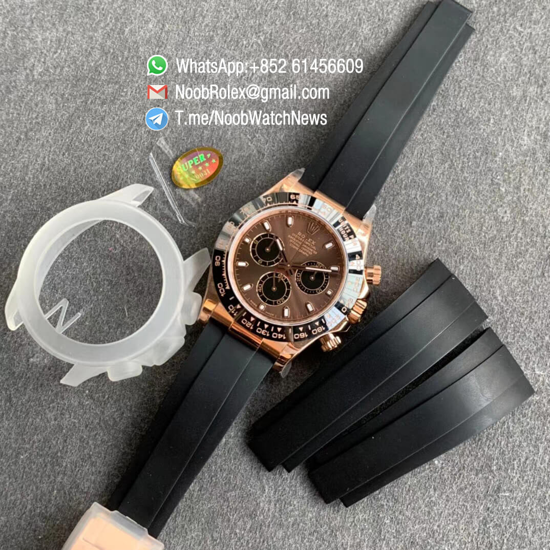 Noob Watches Rolex Daytona 116515 Chocolate Dial Black Sub DialLume Markers on Black Rubber Strap SA4130 V3 09