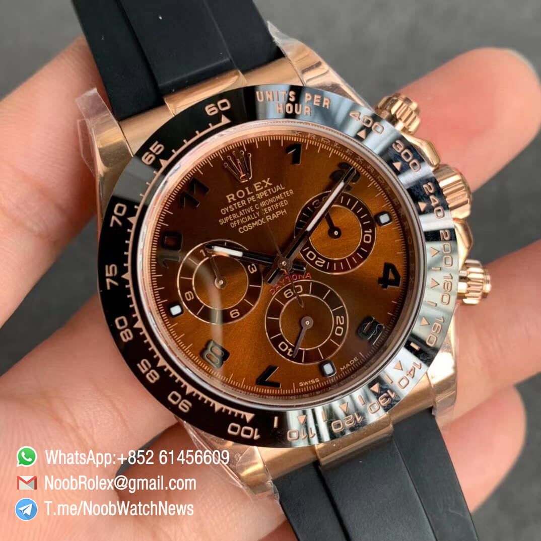 Noob Watches Rolex Daytona 116515 Rose Gold Case Chocolate Dial on Black Rubber Strap SA4130 V3 Free Extra Strap 02