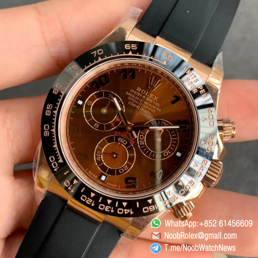 Noob Watches Rolex Daytona 116515 Rose Gold Case Chocolate Dial on Black Rubber Strap SA4130 V3 Free Extra Strap 03