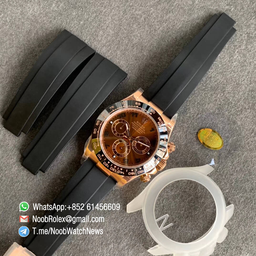 Noob Watches Rolex Daytona 116515 Rose Gold Case Chocolate Dial on Black Rubber Strap SA4130 V3 Free Extra Strap 09