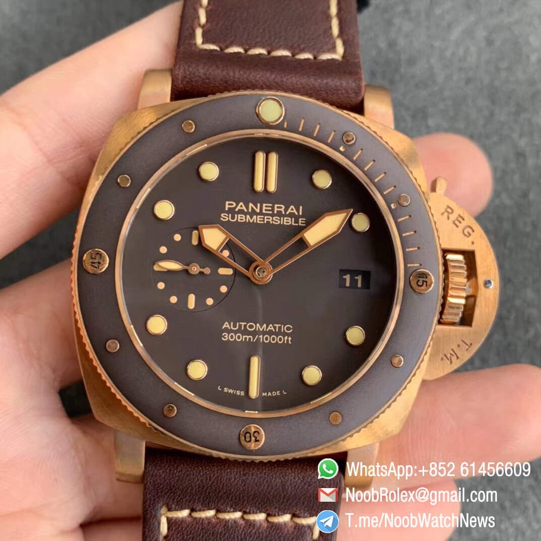 PAM00968 PAM968 Bronzo Case Brown Ceramic Bezel and Dial on Brown Calfskin Strap P9010 Clone VSF Top Copies Luxury Watch 01