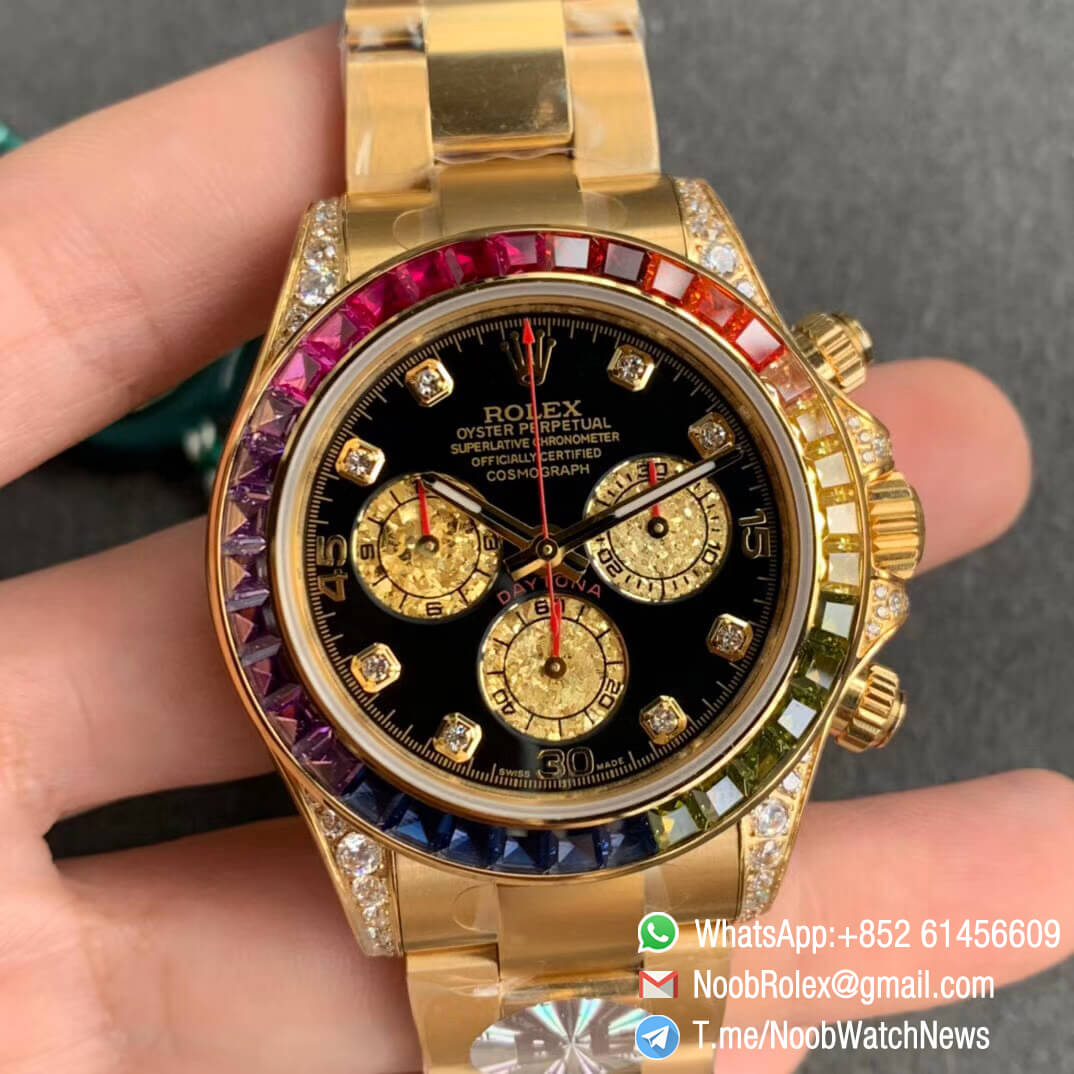 Replica Rolexes Daytona 116589RBOW Yellow Gold Rainbow Crystal Bezel Black Dial on Yellow Gold Bracelet A4130 BLF 01