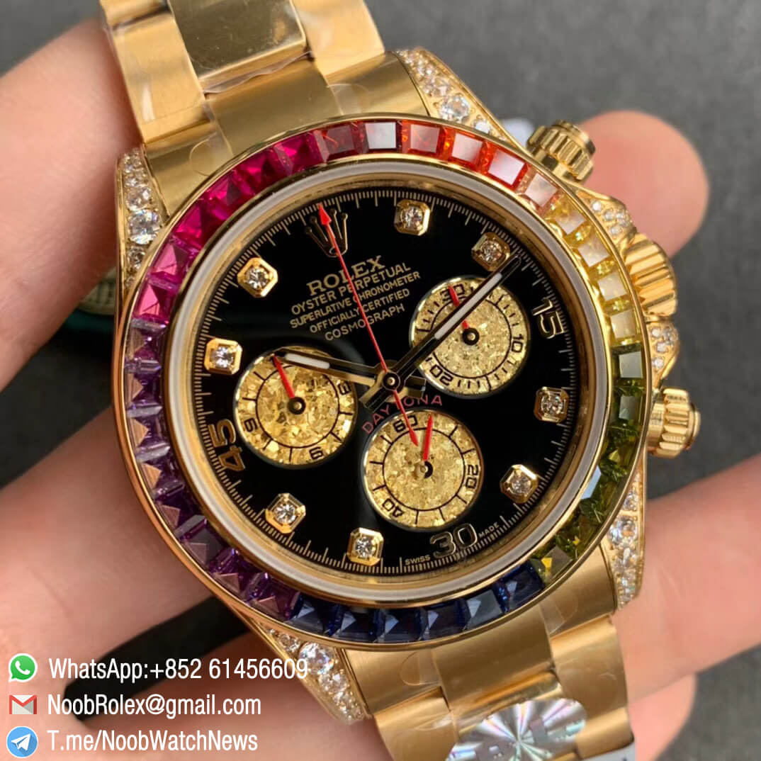 Replica Rolexes Daytona 116589RBOW Yellow Gold Rainbow Crystal Bezel Black Dial on Yellow Gold Bracelet A4130 BLF 02