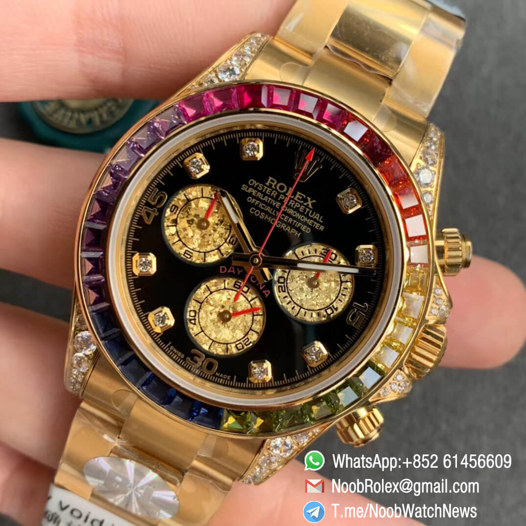 Replica Rolexes Daytona 116589RBOW Yellow Gold Rainbow Crystal Bezel Black Dial on Yellow Gold Bracelet A4130 BLF 03