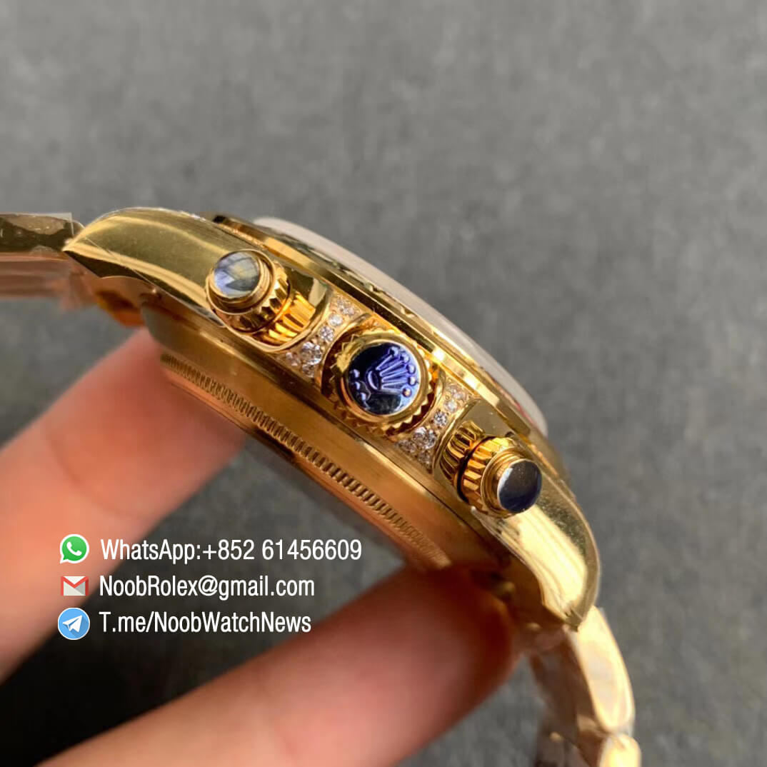 Replica Rolexes Daytona 116589RBOW Yellow Gold Rainbow Crystal Bezel Black Dial on Yellow Gold Bracelet A4130 BLF 04