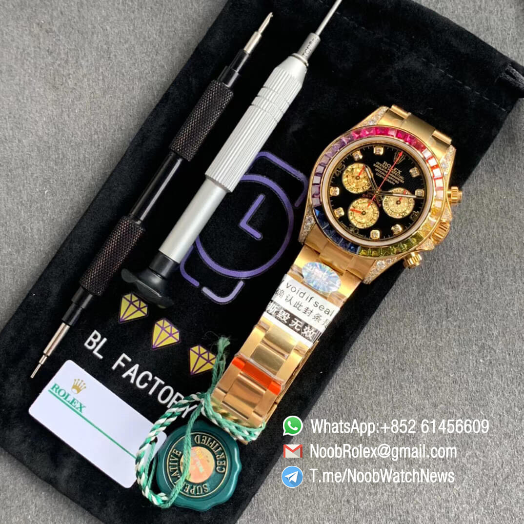 Replica Rolexes Daytona 116589RBOW Yellow Gold Rainbow Crystal Bezel Black Dial on Yellow Gold Bracelet A4130 BLF 09