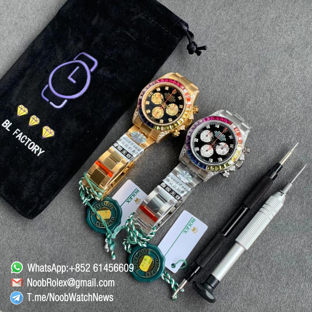 Replica Rolexes Daytona 116589RBOW Yellow Gold Rainbow Crystal Bezel Black Dial on Yellow Gold Bracelet A4130 BLF 10