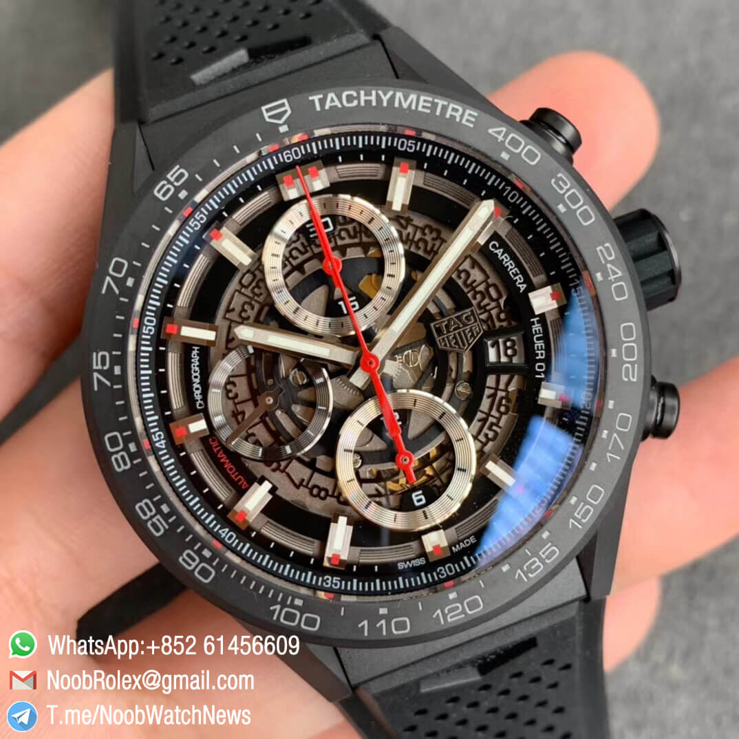 Calibre Heuer 01 Chrono 43mm Black Ceramic Case Skeleton Dial Red Hand on Black Rubber Strap A1887 XF Top Quality Replica 02