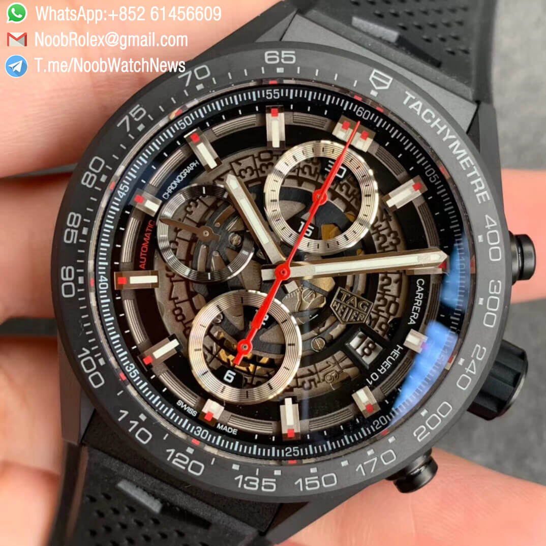 Calibre Heuer 01 Chrono 43mm Black Ceramic Case Skeleton Dial Red Hand on Black Rubber Strap A1887 XF Top Quality Replica 03