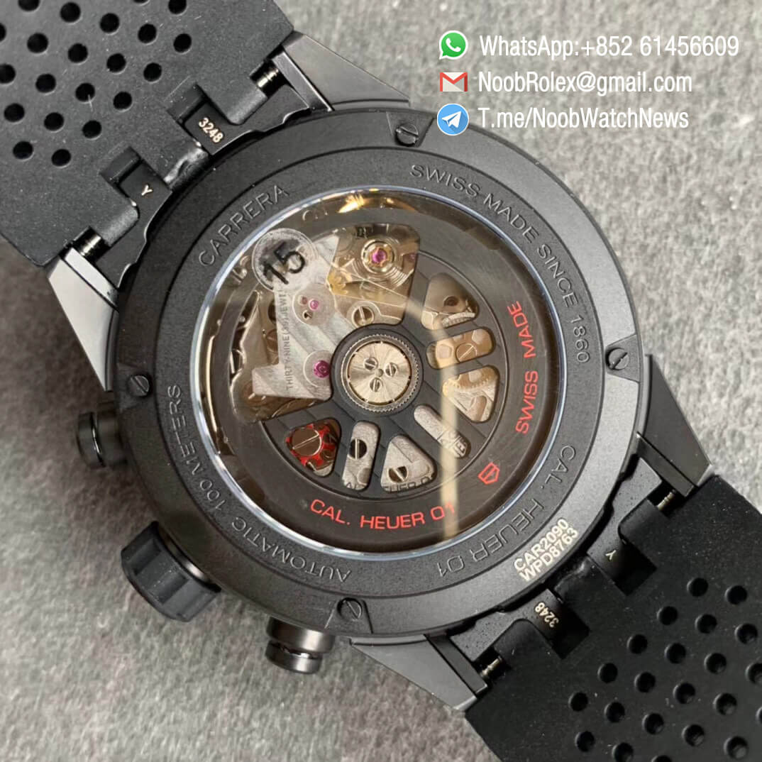 Calibre Heuer 01 Chrono 43mm Black Ceramic Case Skeleton Dial Red Hand on Black Rubber Strap A1887 XF Top Quality Replica 08