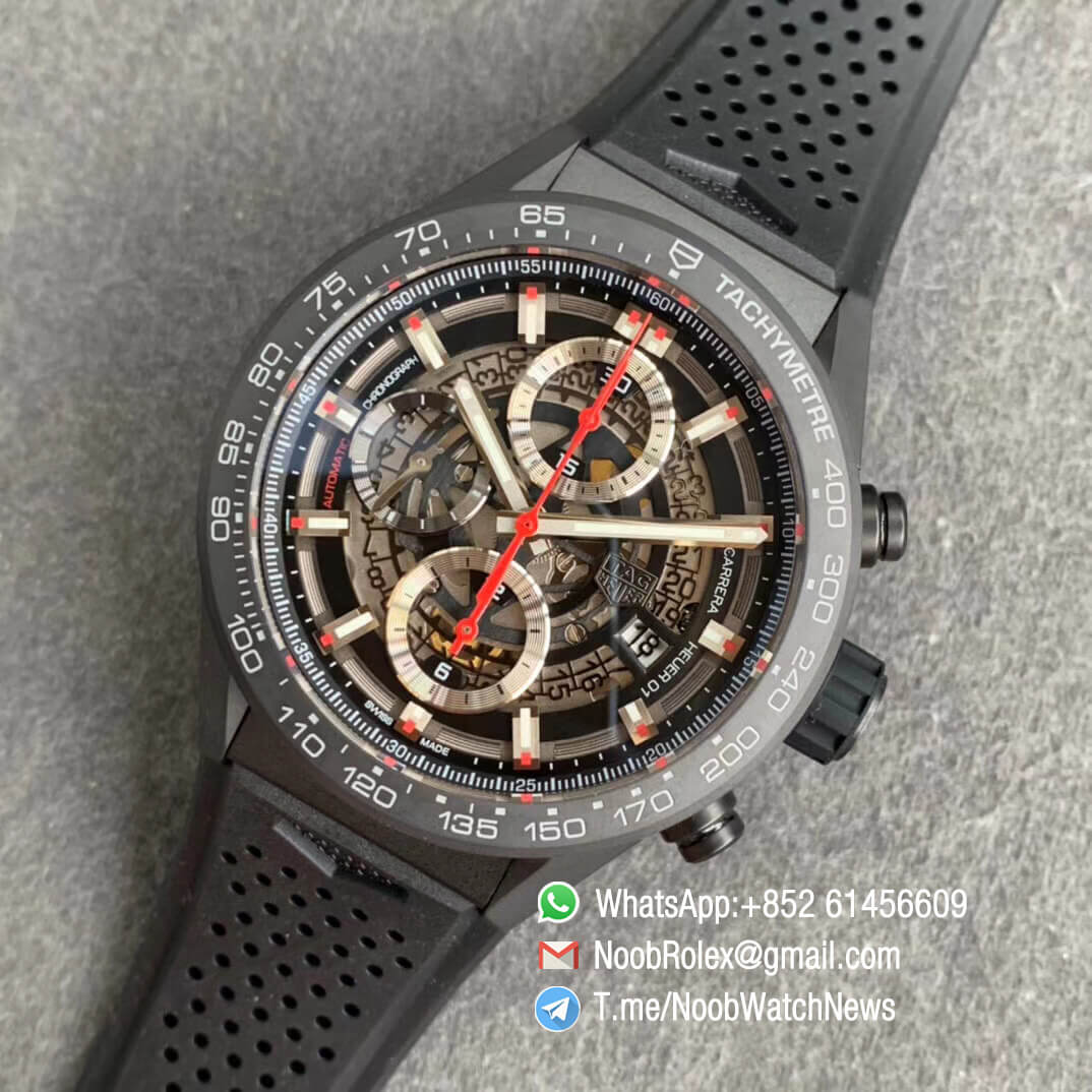 Calibre Heuer 01 Chrono 43mm Black Ceramic Case Skeleton Dial Red Hand on Black Rubber Strap A1887 XF Top Quality Replica 09