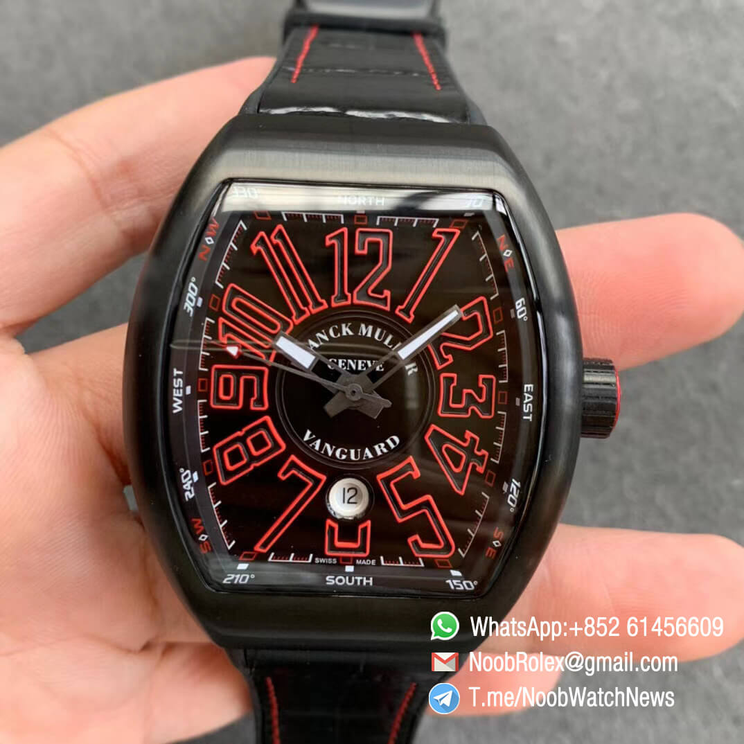 Franck Muller Vanguard V45 All Black DLC Steel Case Black Textured Dial Red Markers on Black Leather Strap A2824 Movement ABF 01