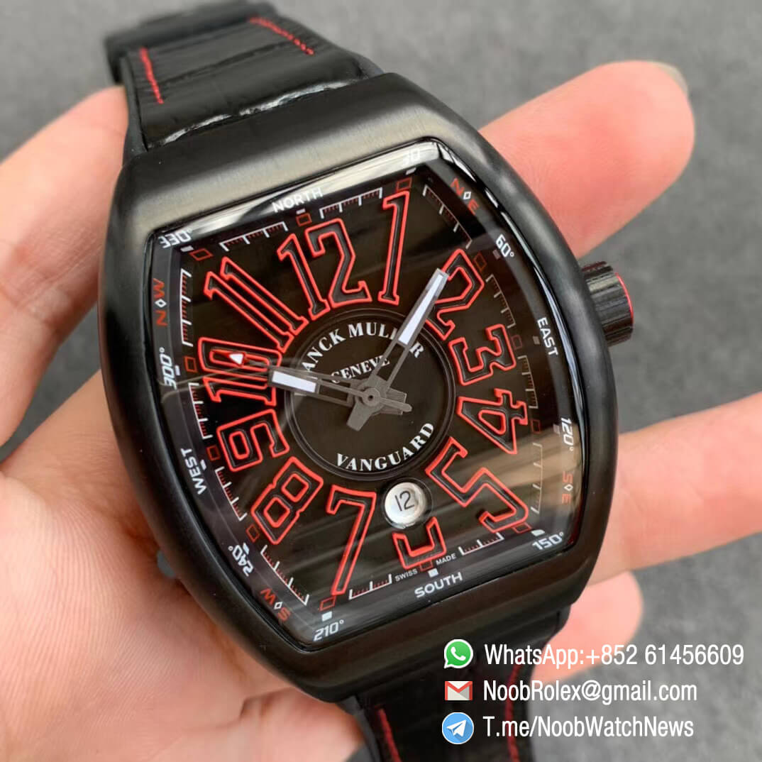 Franck Muller Vanguard V45 All Black DLC Steel Case Black Textured Dial Red Markers on Black Leather Strap A2824 Movement ABF 02