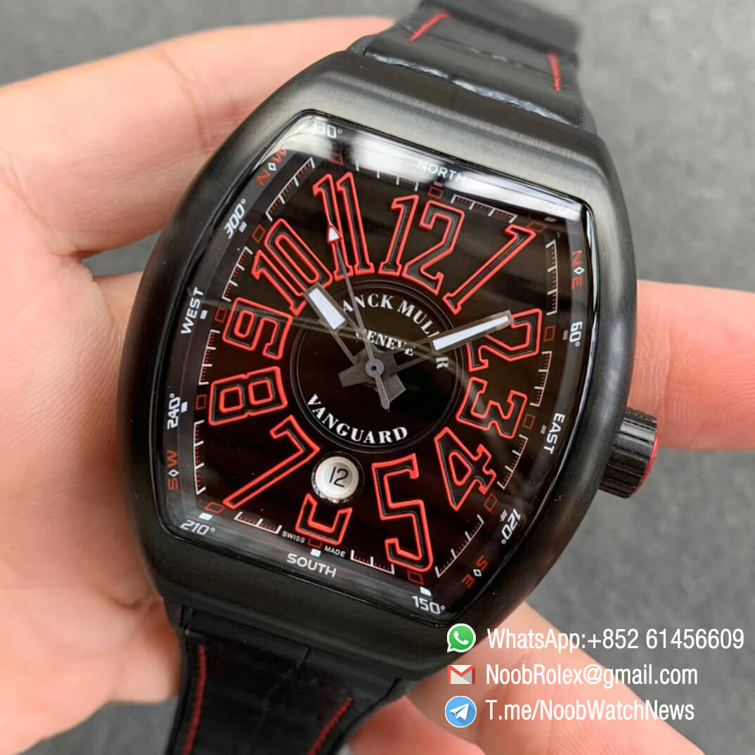 Franck Muller Vanguard V45 All Black DLC Steel Case Black Textured Dial Red Markers on Black Leather Strap A2824 Movement ABF 03