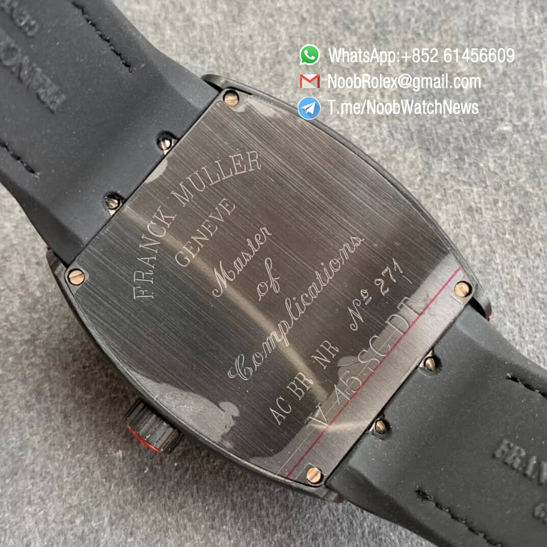 Franck Muller Vanguard V45 All Black DLC Steel Case Black Textured Dial Red Markers on Black Leather Strap A2824 Movement ABF 08