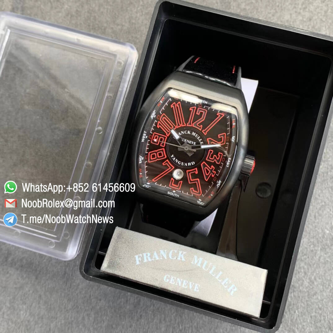 Franck Muller Vanguard V45 All Black DLC Steel Case Black Textured Dial Red Markers on Black Leather Strap A2824 Movement ABF 09