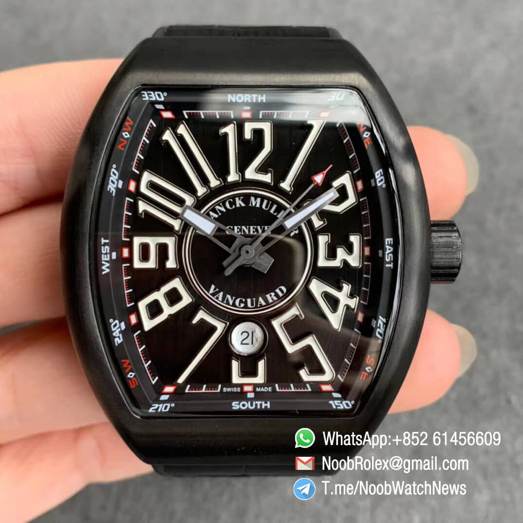 Franck Muller Vanguard V45 All Black DLC Steel Case Black Textured Dial on Black Leather Strap MIYOTA 9015 ZF Top Rep Watches 01