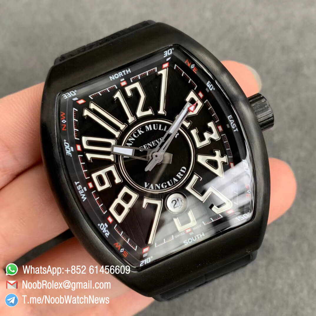 Franck Muller Vanguard V45 All Black DLC Steel Case Black Textured Dial on Black Leather Strap MIYOTA 9015 ZF Top Rep Watches 02