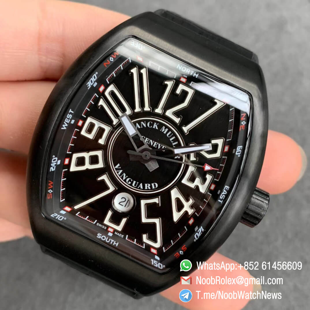 Franck Muller Vanguard V45 All Black DLC Steel Case Black Textured Dial on Black Leather Strap MIYOTA 9015 ZF Top Rep Watches 03