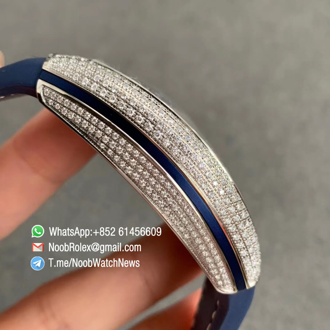Franck Muller Vanguard V45 SC DT Full Diamonds Case Blue Dial Diamonds Markers on Blue Rubber Strap MIYOTA 9015 ZF Best Edition 05