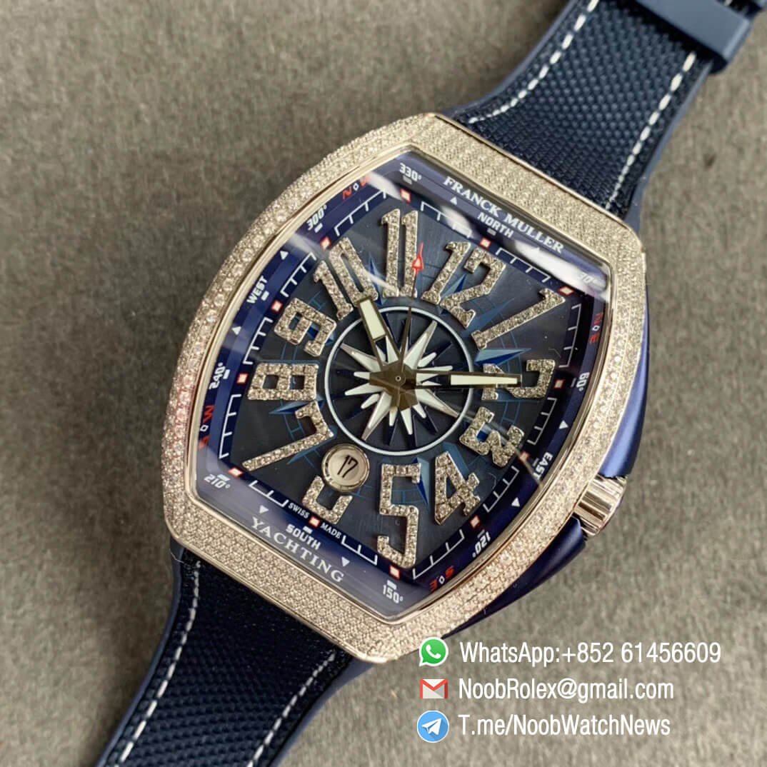 Franck Muller Vanguard V45 SC DT Full Diamonds Case Blue Dial Diamonds Markers on Blue Rubber Strap MIYOTA 9015 ZF Best Edition 09
