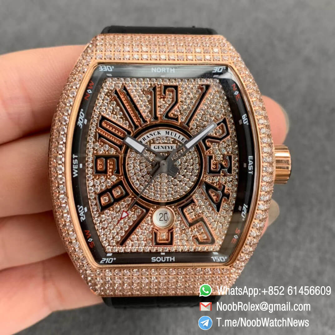 Franck Muller Vanguard V45 SC DT Full Rose Gold Diamonds Paved on Case Dial luminous Hands Black Leather Strap A2824 Movement ABF Swiss Replica 01