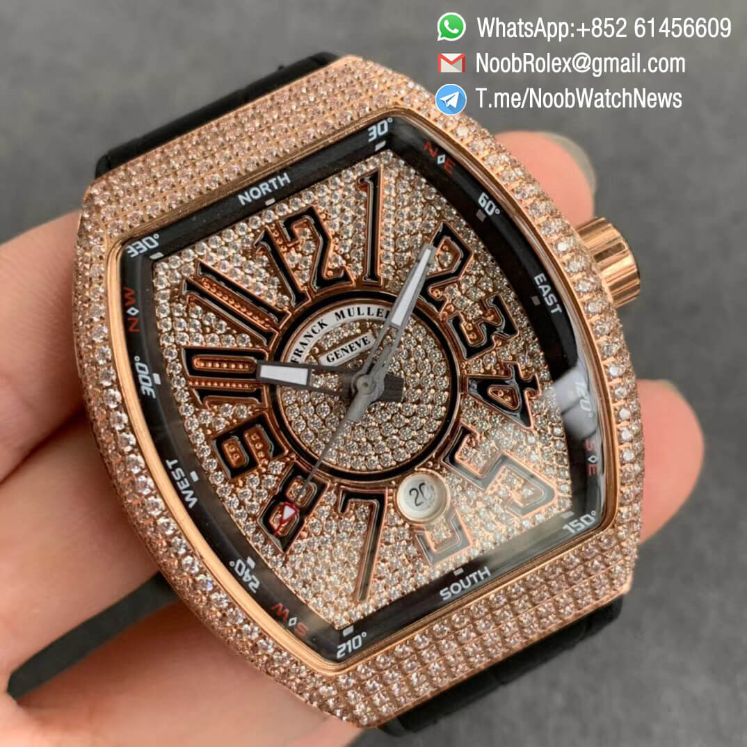 Franck Muller Vanguard V45 SC DT Full Rose Gold Diamonds Paved on Case Dial luminous Hands Black Leather Strap A2824 Movement ABF Swiss Replica 02