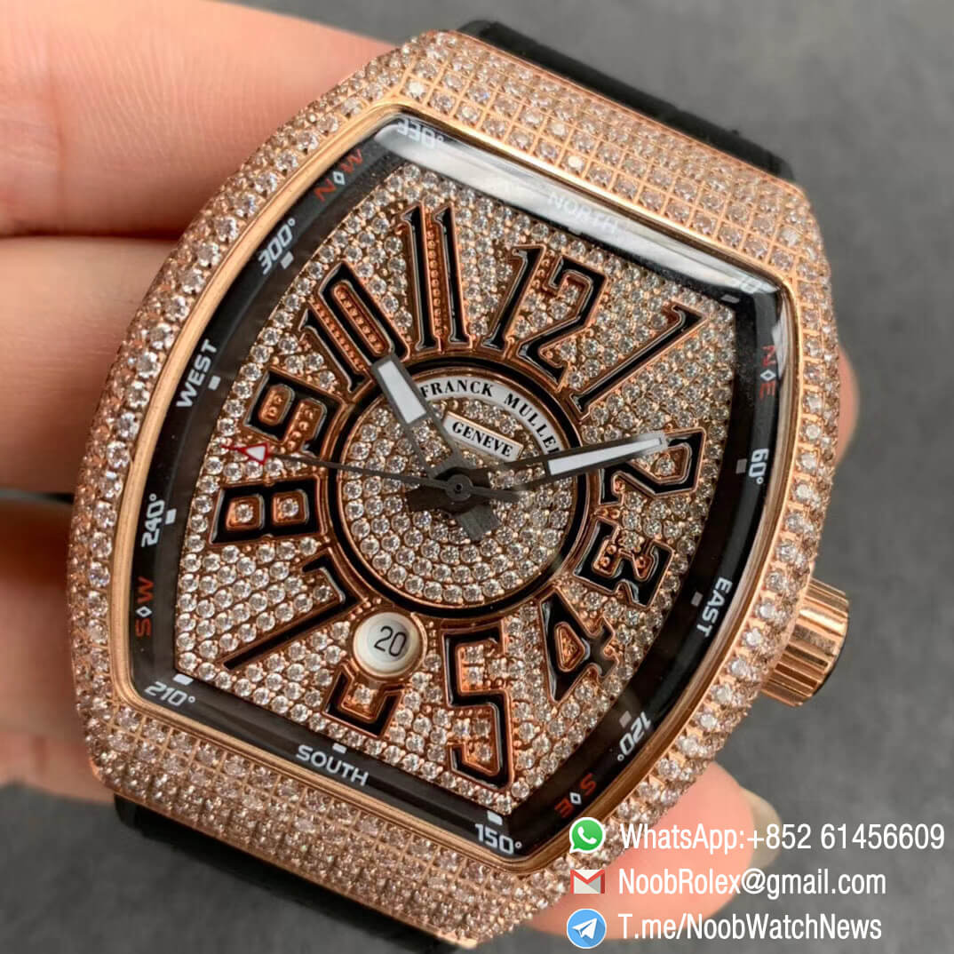 Franck Muller Vanguard V45 SC DT Full Rose Gold Diamonds Paved on Case Dial luminous Hands Black Leather Strap A2824 Movement ABF Swiss Replica 04