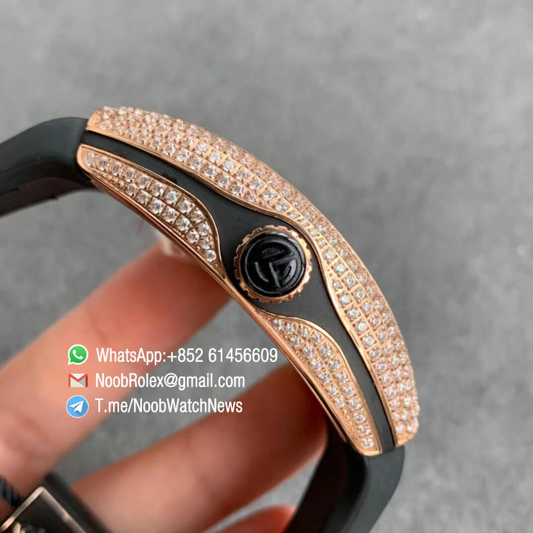 Franck Muller Vanguard V45 SC DT Full Rose Gold Diamonds Paved on Case Dial luminous Hands Black Leather Strap A2824 Movement ABF Swiss Replica 05