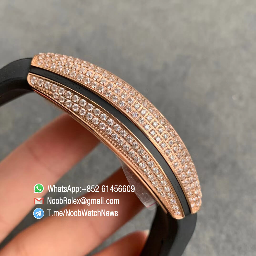Franck Muller Vanguard V45 SC DT Full Rose Gold Diamonds Paved on Case Dial luminous Hands Black Leather Strap A2824 Movement ABF Swiss Replica 06