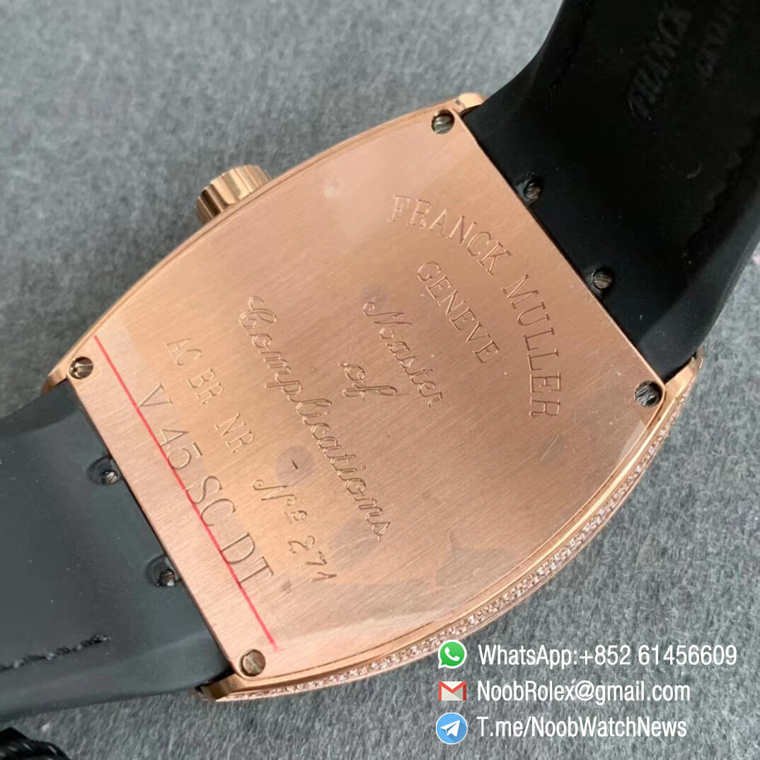 Franck Muller Vanguard V45 SC DT Full Rose Gold Diamonds Paved on Case Dial luminous Hands Black Leather Strap A2824 Movement ABF Swiss Replica 09