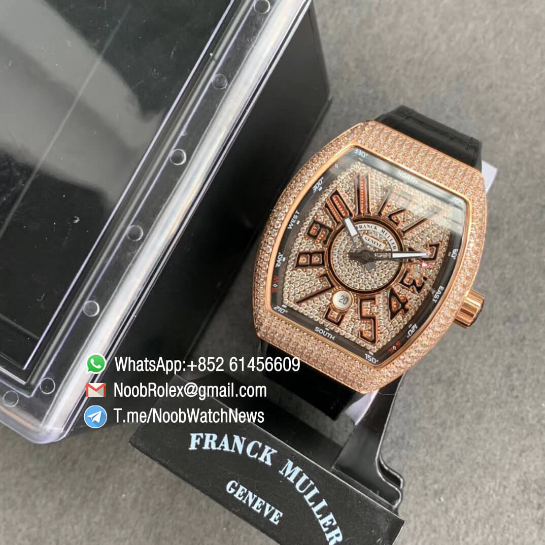 Franck Muller Vanguard V45 SC DT Full Rose Gold Diamonds Paved on Case Dial luminous Hands Black Leather Strap A2824 Movement ABF Swiss Replica 10