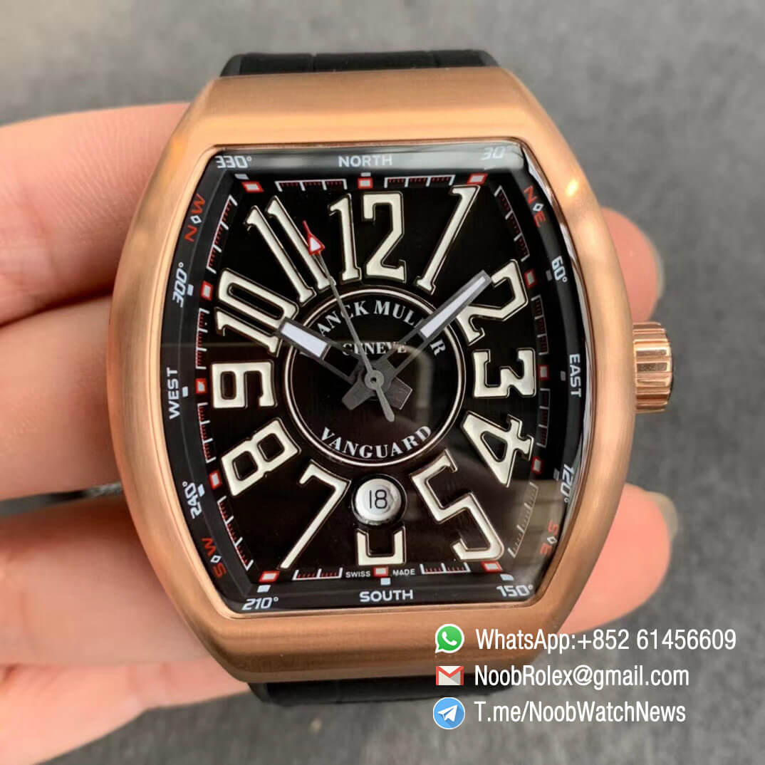 Franck Muller Vanguard V45 SC DT Rose Gold Case Black Dial with Luminous White Markers Black Leather Strap A2824 ABF Replica Watch 01