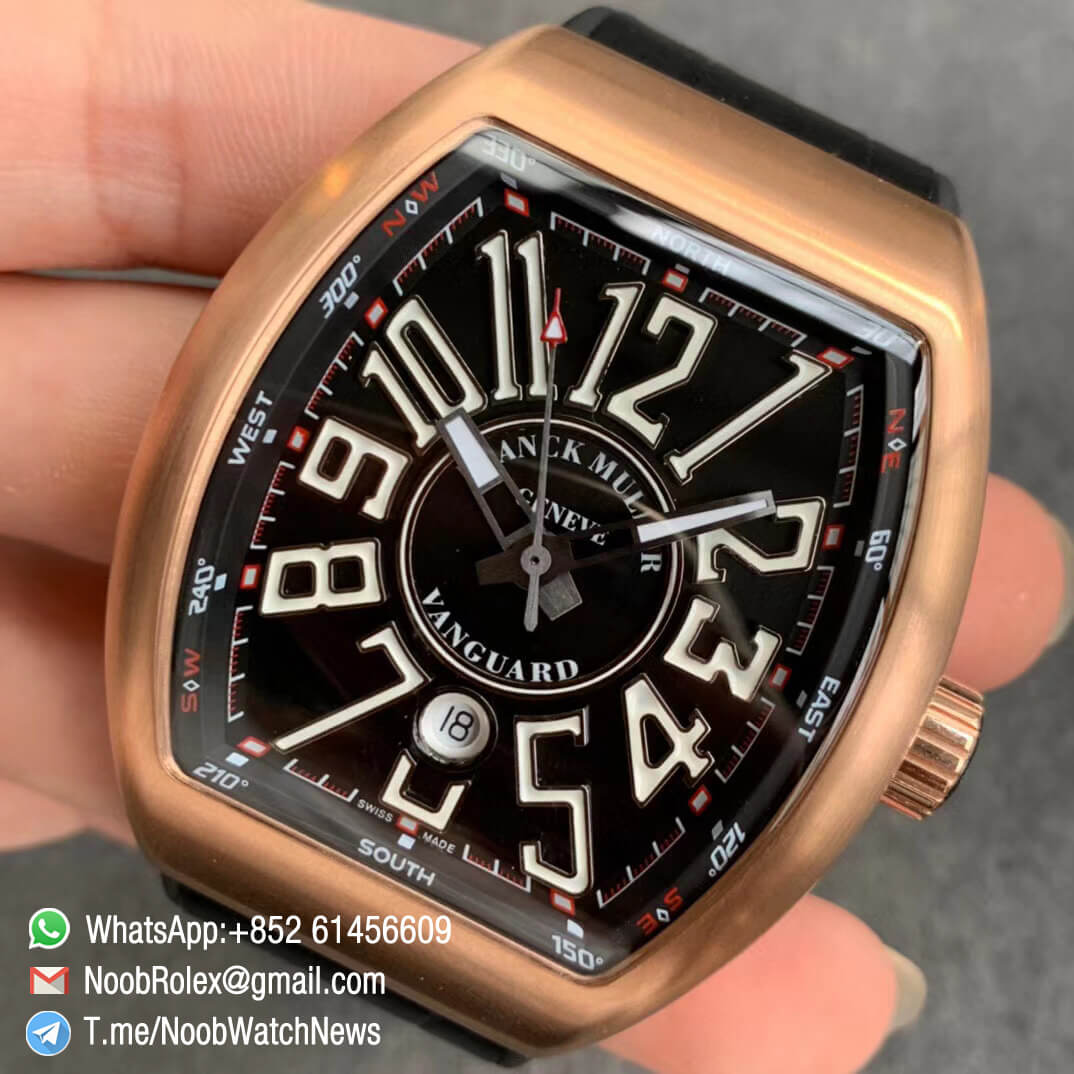 Franck Muller Vanguard V45 SC DT Rose Gold Case Black Dial with Luminous White Markers Black Leather Strap A2824 ABF Replica Watch 03