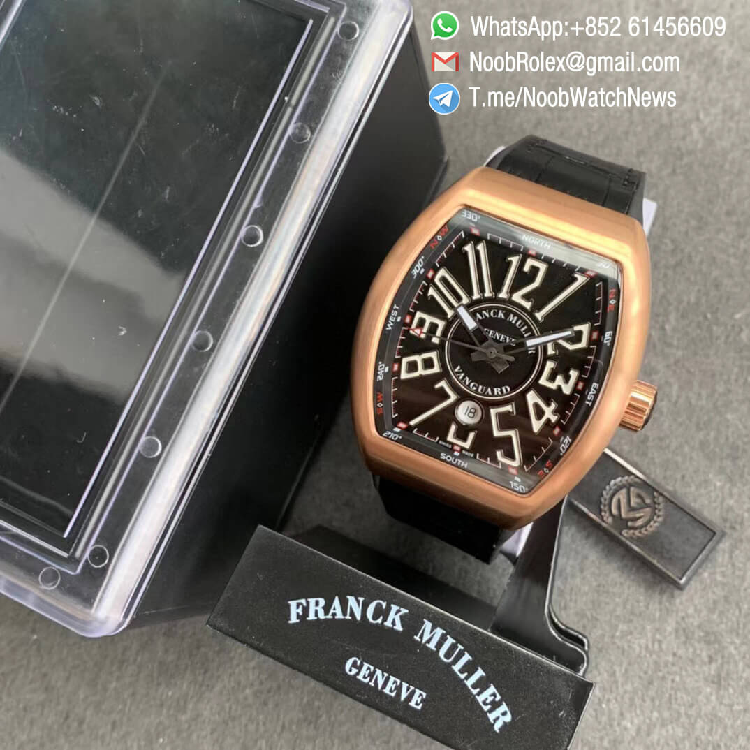 Franck Muller Vanguard V45 SC DT Rose Gold Case Black Dial with Luminous White Markers Black Leather Strap A2824 ABF Replica Watch 09