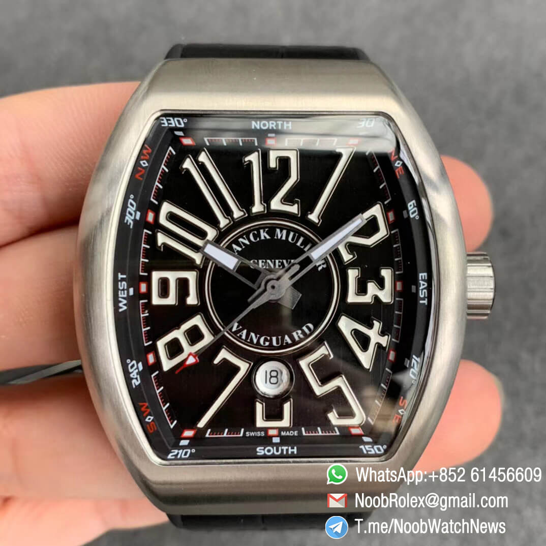 Franck Muller Vanguard V45 SC DT Steel Case Black Dial with Luminous White Markers Black Leather Strap A2824 ABF Replica Watch 01