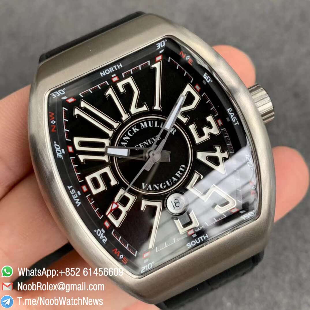 Franck Muller Vanguard V45 SC DT Steel Case Black Dial with Luminous White Markers Black Leather Strap A2824 ABF Replica Watch 02
